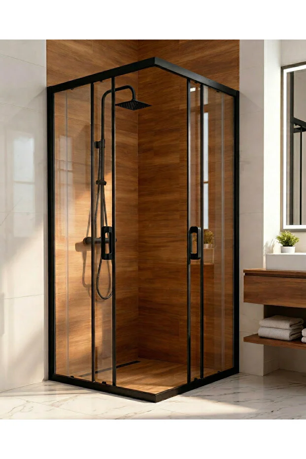 Duşakabin Kare Siyah 5mm Şeffaf Temperli Cam Teknesiz Zemine Montaj 190cm